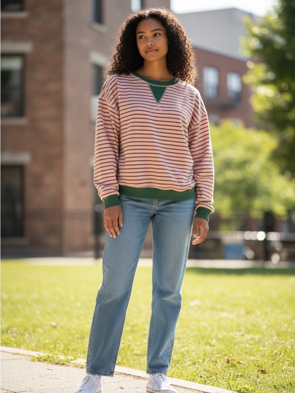 entro Pink Striped Sweatshirt with Forest Green Trim, size S